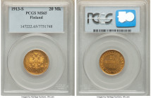 Russian Duchy. Nicholas II gold 20 Markkaa 1913-S MS65 PCGS, Helsinki mint, KM9.2. Semi-Prooflike butterscotch toned gem. AGW 0.1867 oz. From the GK C...