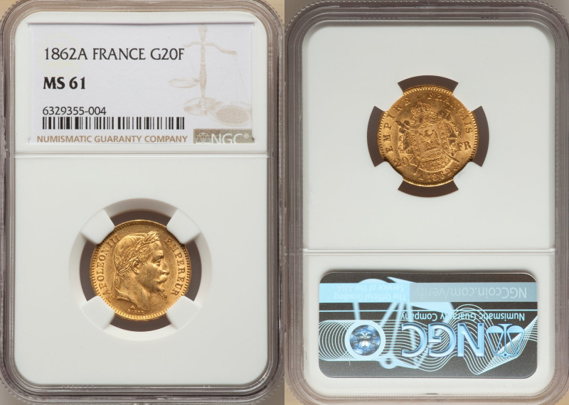 Napoleon III gold 20 Francs 1862-A MS61 NGC, Paris mint, KM801.1, Gad-1062. AGW ...