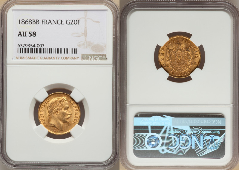 Napoleon III gold 20 Francs 1868-BB AU58 NGC, Strasbourg mint, KM801.2, Gad-1062...