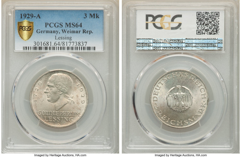 Weimar Republic "Lessing" 3 Mark 1929-A MS64 PCGS, Berlin mint, KM60, J-335. Sof...