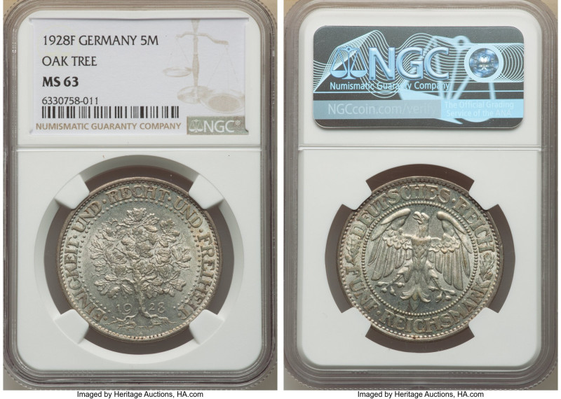 Weimar Republic "Oak Tree" 5 Mark 1928-F MS63 NGC, Stuttgart mint, KM56. Silver-...