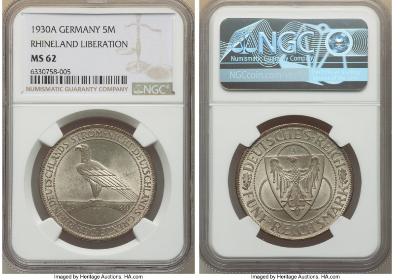 Weimar Republic "Rhineland" 5 Mark 1930-A MS62 NGC, Berlin mint, KM71, J-346. Li...