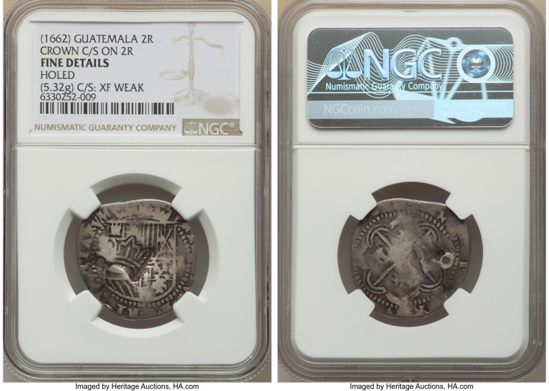 Philip IV Counterstamped 2 Reales ND (1662) Fine Details (Holed) NGC, KM-B1.2. 5...