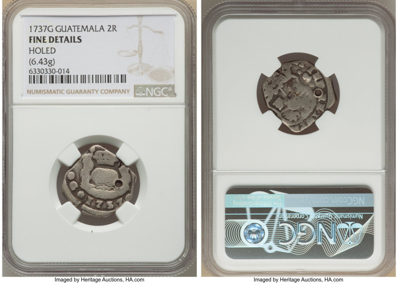 Philip V Cob 2 Reales 1737 G-J Fine Details (Holed) NGC, Guatemala mint, KM4. 6....