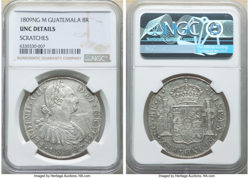 Ferdinand VII 8 Reales 1809 NG-M UNC Details (Scratches) NGC, Nueva Guatemala mi...