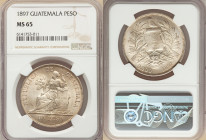 Republic Peso 1897 MS65 NGC, Guatemala mint, KM210. NGC's "top pop" from the final date of this issue, a nacreous gem graced with even khaki toning th...