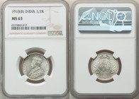 British India. George V 5-Piece Lot of Certified 1/2 Rupees NGC, KM522. Lot includes: (1) 1918-(b) MS63, (2) 1919-(b) MS63, (1) 1919-(b) MS62 and (1) ...