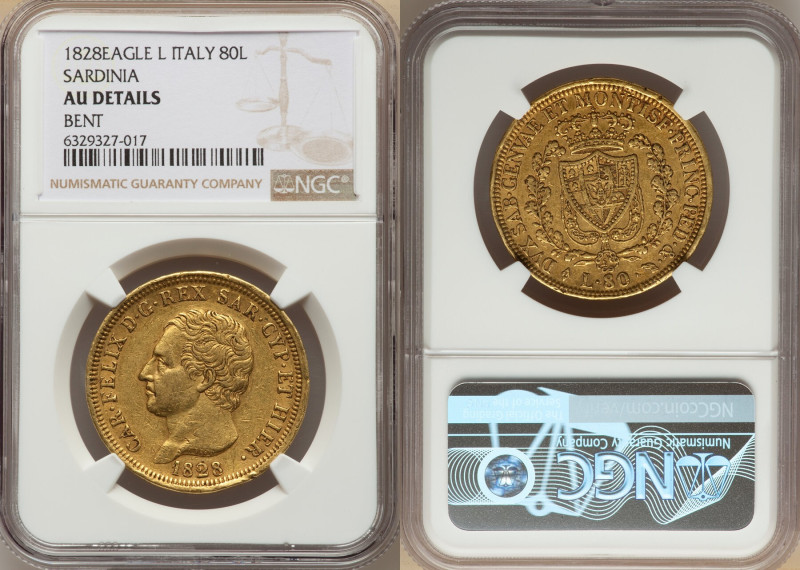 Sardinia. Carlo Felice gold 80 Lire 1828 (Eagle)-L AU Details (Bent) NGC, Turin ...