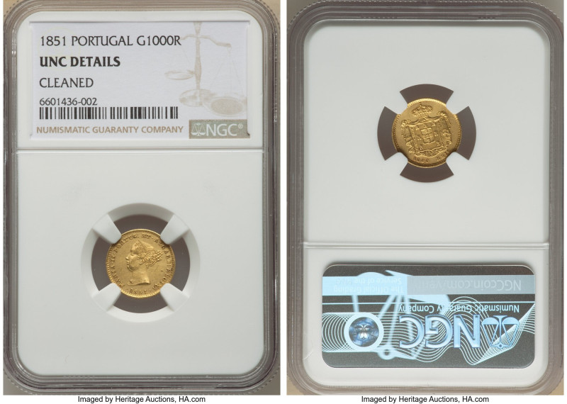 Maria II gold 1000 Reis 1851 UNC Details (Cleaned) NGC, Lisbon mint, KM486. Mint...