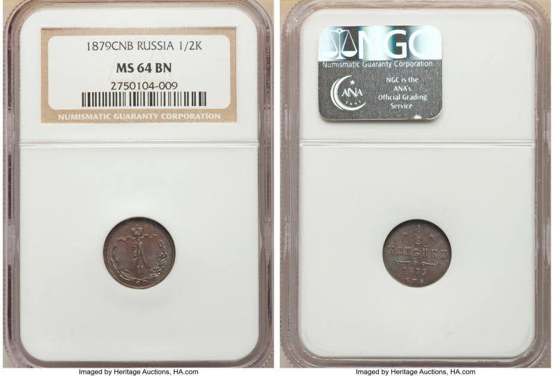 Alexander II 1/2 Kopeck 1879-CПБ MS64 Brown NGC, St. Petersburg mint. KM-Y8.2. 
...