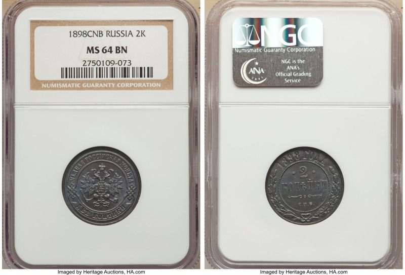 Nicholas II 3-Piece Lot of Certified Assorted 2 Kopecks NGC, 1) 2 Kopeck 1898-СП...