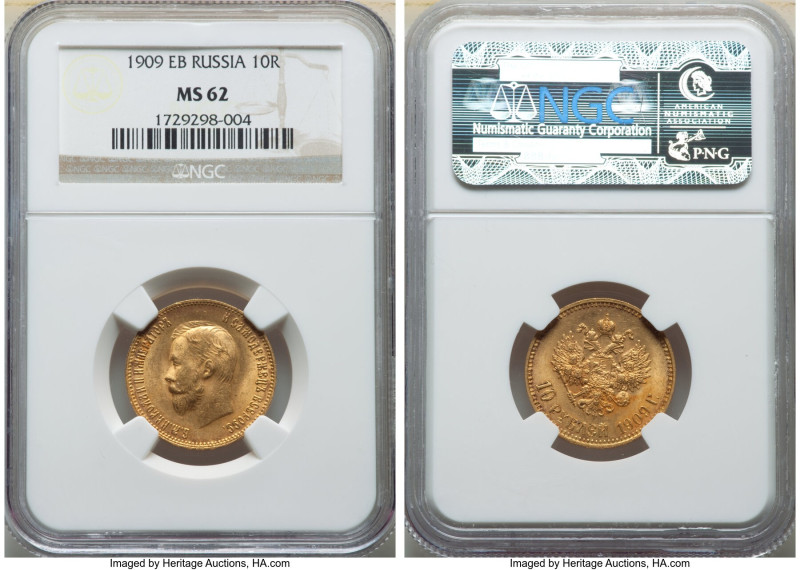 Nicholas II gold 10 Roubles 1909-ЭБ MS62 NGC, St. Petersburg mint, KM-Y64. Minta...