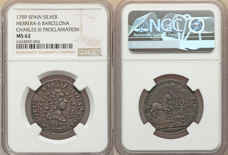 Barcelona. Charles III silver "Proclamation" Medal 1759 MS62 NGC, Herrera-6. 29m...