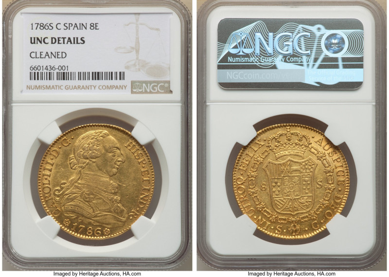 Charles III gold 8 Escudos 1786 S-C UNC Details (Cleaned) NGC, Seville mint, KM4...