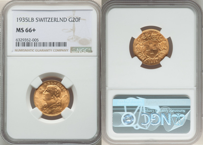 Confederation gold 20 Francs 1935-LB MS66+ NGC, Bern mint, KM35.1. Superb gem wi...