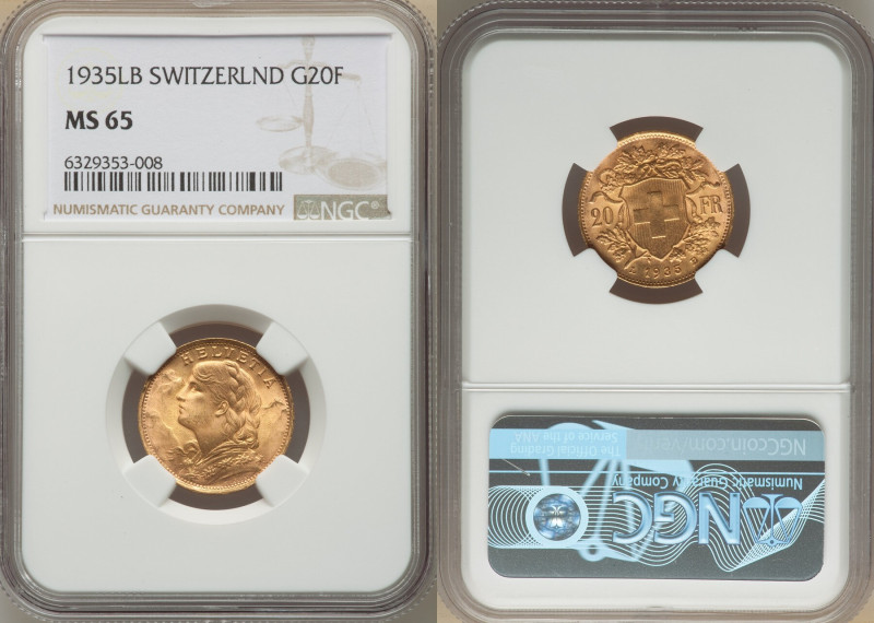 Confederation gold 20 Francs 1935-LB MS65 NGC, Bern mint, KM35.1. Rose colored g...