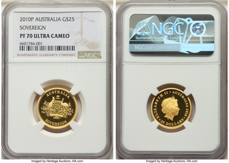 Elizabeth II gold Proof "Sovereign" 25 Dollars 2010-P PR70 Ultra Cameo NGC, Pert...
