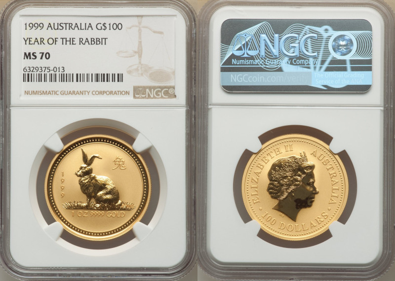 Elizabeth II gold "Year of the Rabbit" 100 Dollars 1999 MS70 NGC, Perth mint, KM...