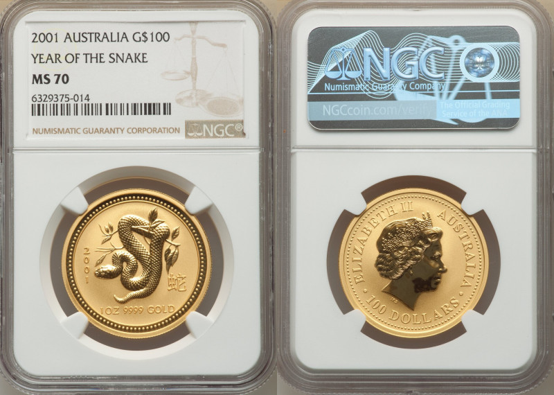 Elizabeth II gold "Year of the Snake" 100 Dollars 2001 MS70 NGC, Perth mint, KM5...