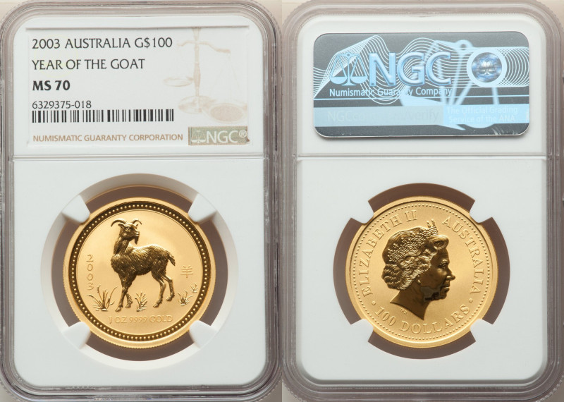 Elizabeth II gold "Year of the Goat" 100 Dollars 2003-P MS70 NGC, Perth mint, KM...