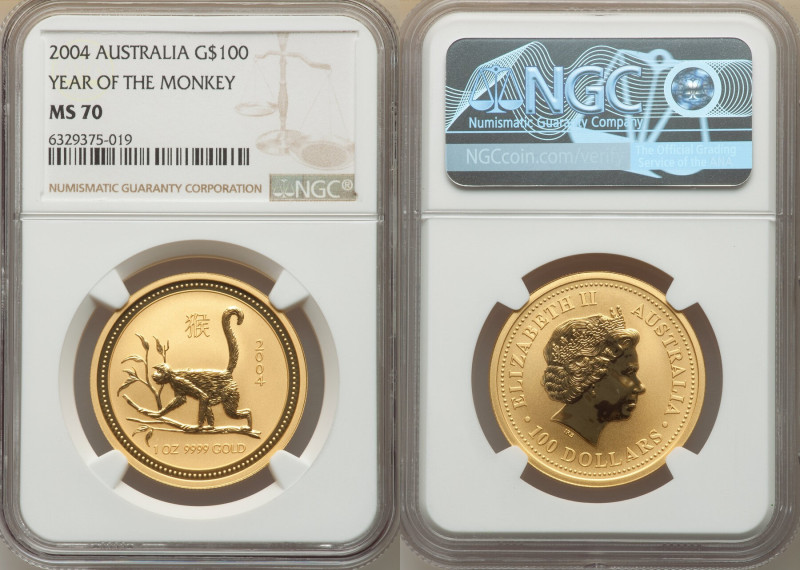 Elizabeth II gold "Year of the Monkey" 100 Dollars 2004 MS70 NGC, Perth mint, KM...