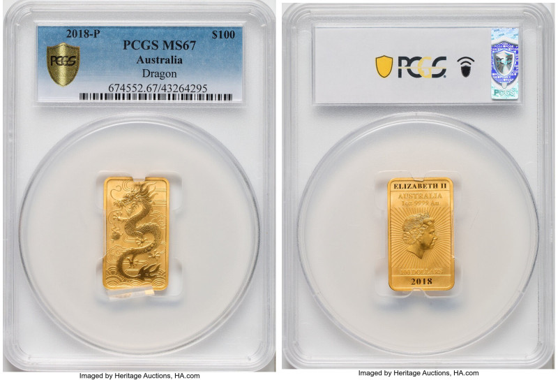 Elizabeth II gold "Year of the Dragon" 100 Dollars (1 oz) 2018 MS67 PCGS, Perth ...