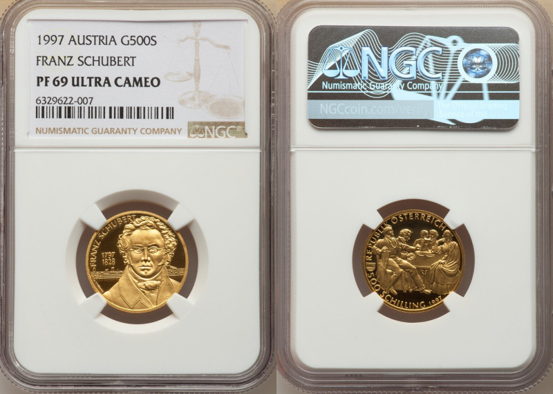 Republic gold Proof "Franz Schubert" 500 Schilling 1997 PR69 Ultra Cameo NGC, KM...