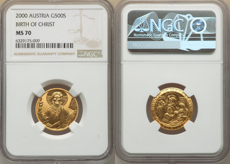 Republic gold "2000 Years of Christianity" 500 Schilling 2000 MS70 NGC, KM3065. ...