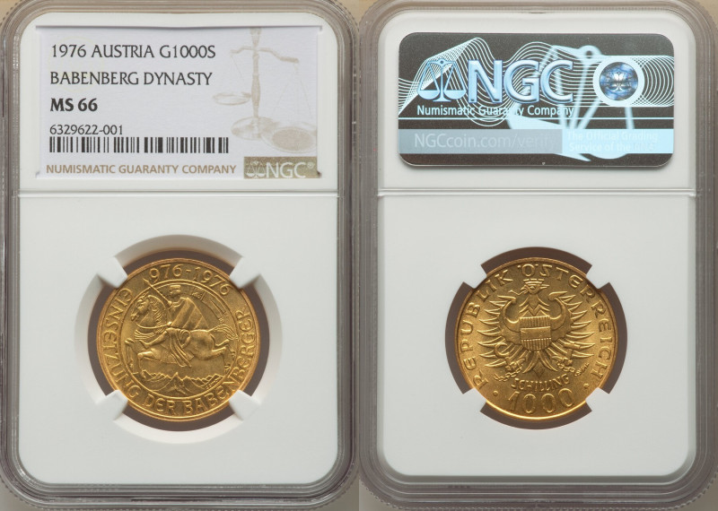 Republic gold "Babenberg Dynasty" 1000 Schilling 1976 MS66 NGC, KM2933. 

HID098...