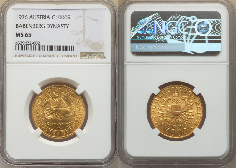 Republic gold "Babenberg Dynasty" 1000 Schilling 1976 MS65 NGC, KM2933. 

HID098...