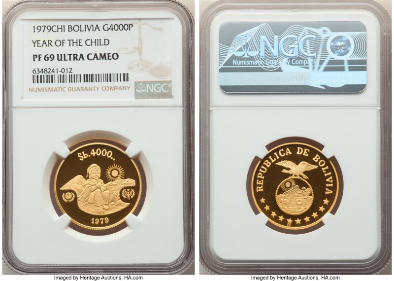 Republic gold Proof "Year of the Child" 40000 Pesos Bolivianos 1979-CHI PR69 Ult...
