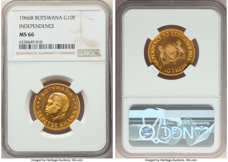 Republic gold "Independence" 10 Thebe 1966-B MS66 NGC, Bern mint, KM2. 

HID0980...