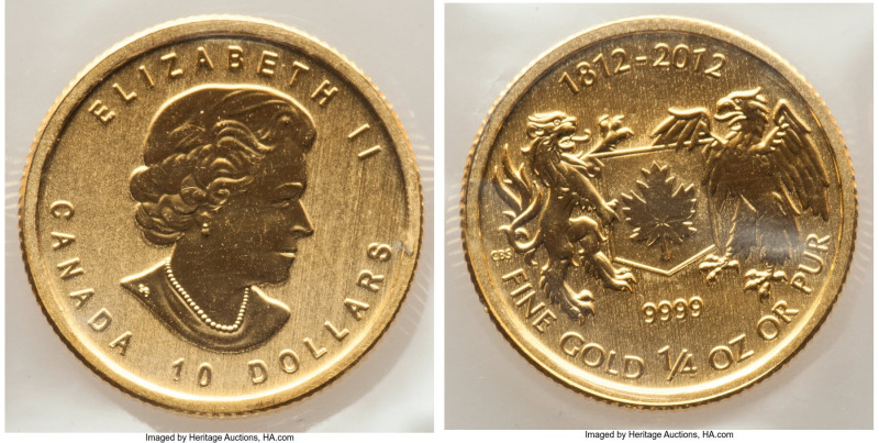 Elizabeth II gold "War of 1812" 10 Dollars 2012 UNC, KM1275. Commemorating the 1...