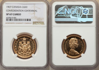 Elizabeth II gold Specimen 20 Dollars 1967 SP67 Cameo NGC, Royal Canadian mint, KM71. Commemorating the centennial of Canada's independence. 

HID0980...