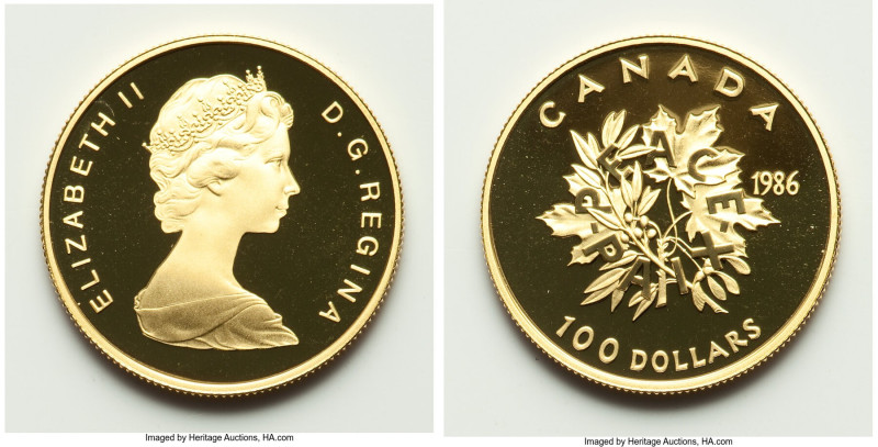 Elizabeth II gold Proof "Peace" 100 Dollars 1986 UNC, Royal Canadian Mint, KM152...