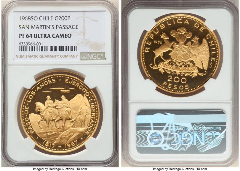 Republic gold Proof "San Martin's Passage" 200 Pesos 1968-So PR64 Ultra Cameo NG...