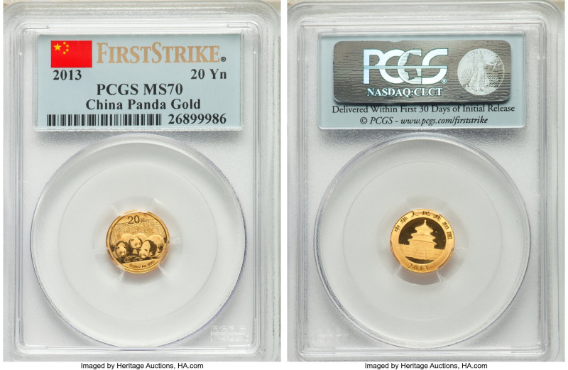 People's Republic gold Panda 20 Yuan (1/20 oz) 2013 MS70 PCGS, Sold in a "First ...