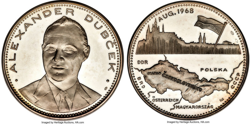 Republic silver Proof "Alexander Dubcek - Map of Czechoslovakia" Medal 1968 PR66...