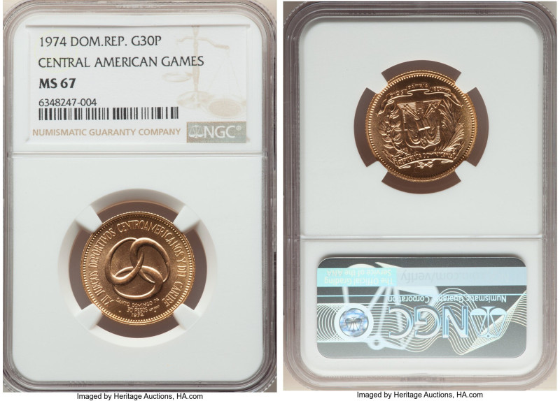 Republic gold "12th Central American & Caribbean Games" 30 Pesos 1974 MS67 NGC, ...