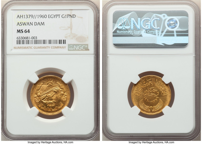 Arab Republic gold "Aswan Dam" Pound AH 1379 (1960) MS64 NGC, KM401. 

HID098012...
