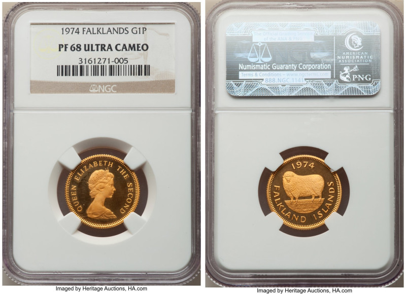 British Colony. Elizabeth II gold Proof Pound 1974 PR68 Ultra Cameo NGC, KM7. Mi...