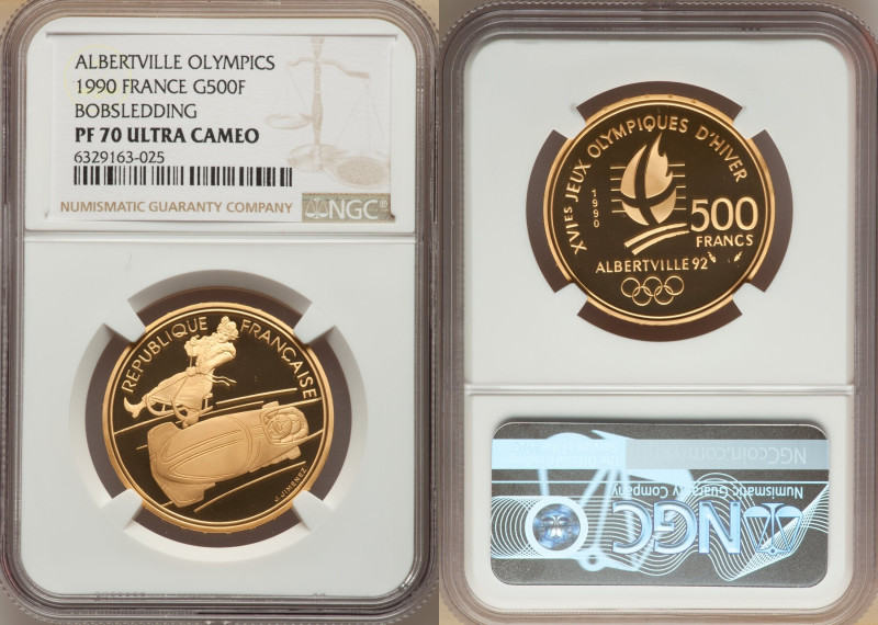 Republic gold Proof "Albertville Olympics - Bobsledding" 500 Francs 1990 PR70 Ul...