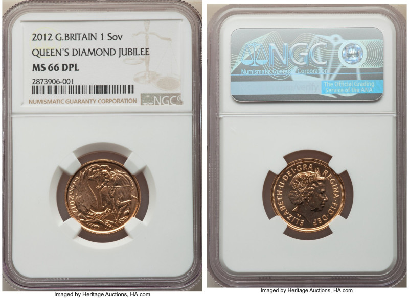 Elizabeth II gold "Diamond Jubilee" Sovereign 2012 MS66 Deep Prooflike NGC, S-SC...