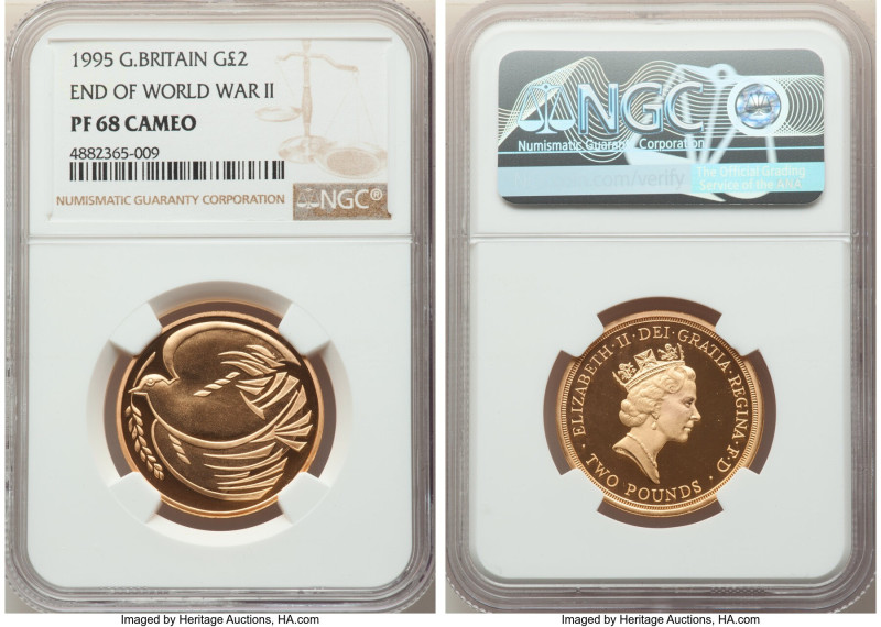 Elizabeth II gold Proof 2 Pounds 1995 PR68 Cameo NGC, KM970b. 50th anniversary o...