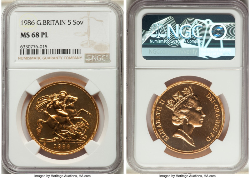 Elizabeth II gold 5 Pounds 1986 MS68 Prooflike NGC, KM945, S-SE4. Mintage: 7,723...