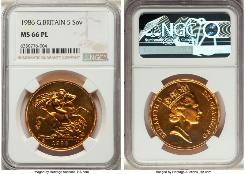 Elizabeth II gold 5 Pounds 1986 MS66 Prooflike NGC, KM945, S-SE4. Mintage: 7,723...