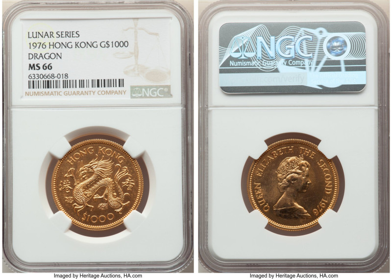 British Colony. Elizabeth II gold "Year of the Dragon" 1000 Dollars 1976 MS66 NG...