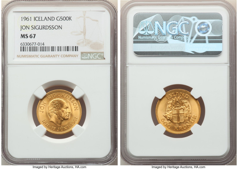 Republic gold "Jon Sigurdsson" 500 Kronur 1961 MS67 NGC, KM14. 

HID09801242017
...