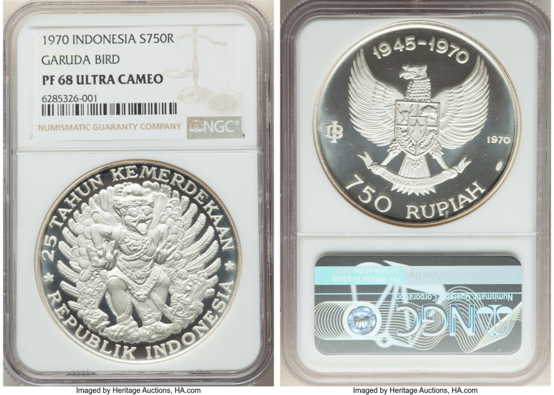 Republic silver Proof "Garuda Bird" 750 Rupiah 1970 PR68 Ultra Cameo NGC, KM26. ...