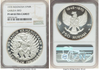 Republic silver Proof "Garuda Bird" 750 Rupiah 1970 PR68 Ultra Cameo NGC, KM26. Struck to commemorate Indonesia's 25th anniversary of independence. 

...